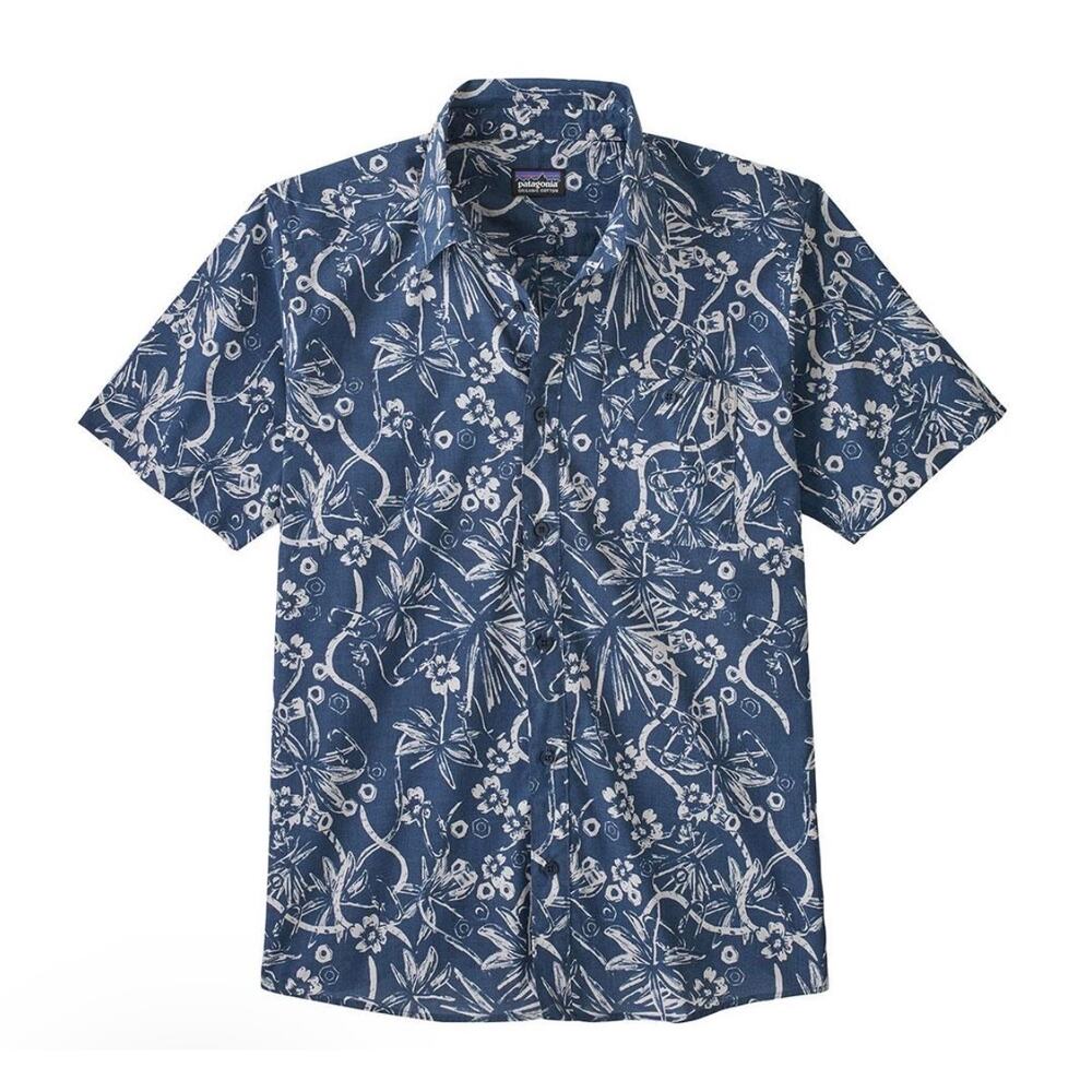 Patagonia Organic Cotton Button Down Short Sleeve Shirt Dirt Bags Stone Blue M